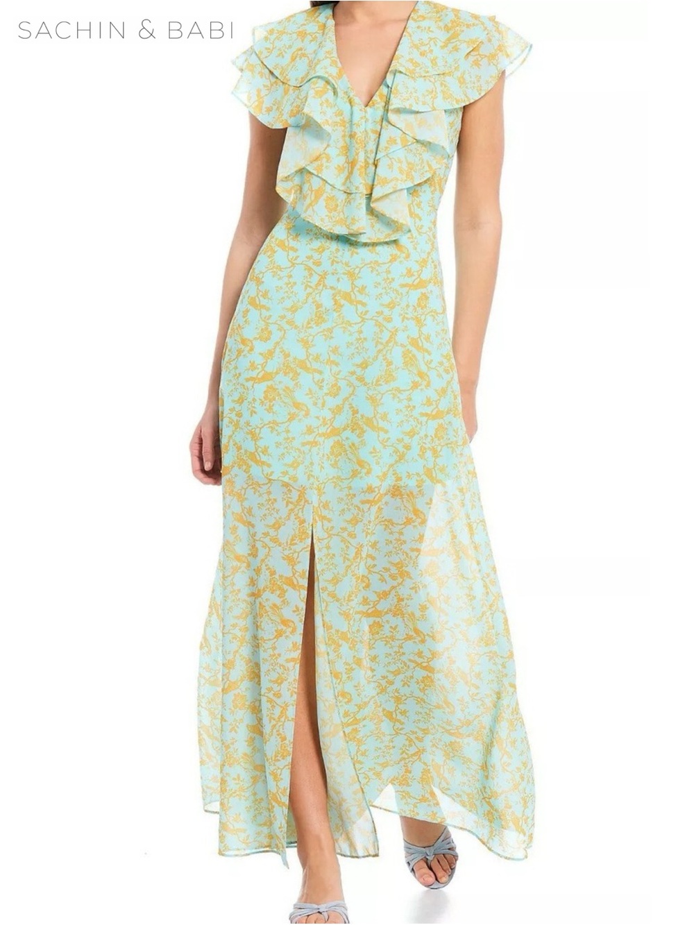 Sachin & Babi Annemarie Ruffle Maxi Dress Toile du Jouy Blue Grass Mint Gold 10